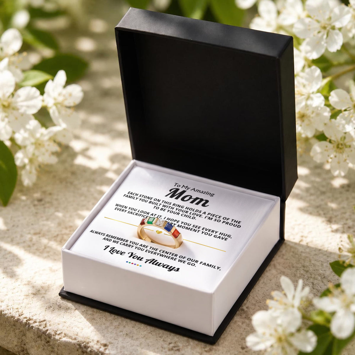 Heart of Our Family birthstone ring for Mom with message card