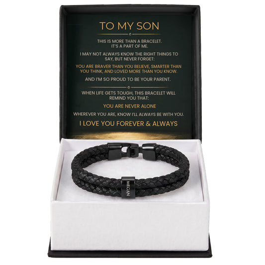 To My Son personalized name bracelet in gift box with Never Alone message card