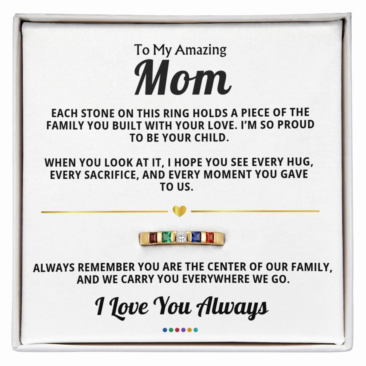 Personalized family birthstone ring for Mom in gift box