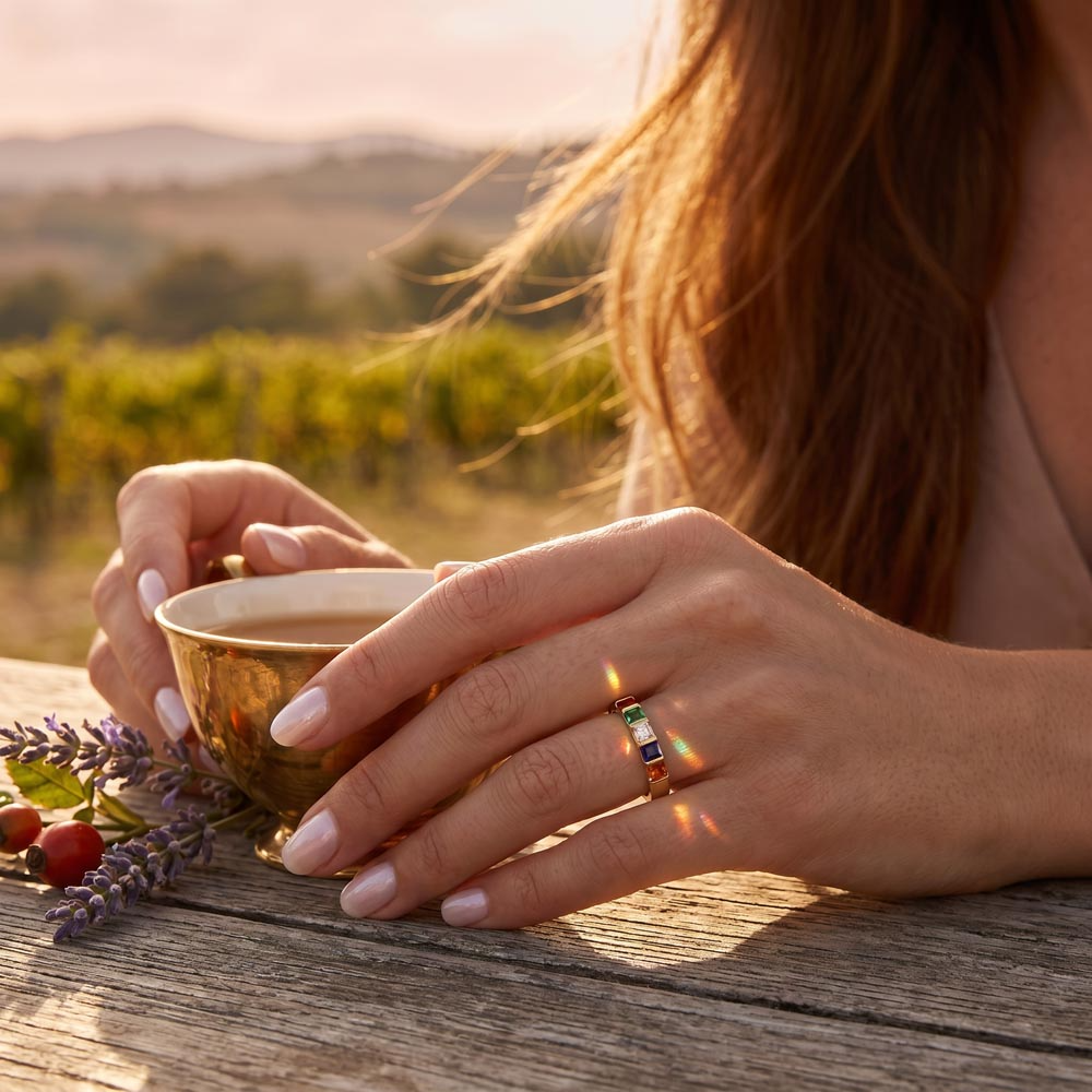 Family birthstone ring worn on hand, a gift for Mom