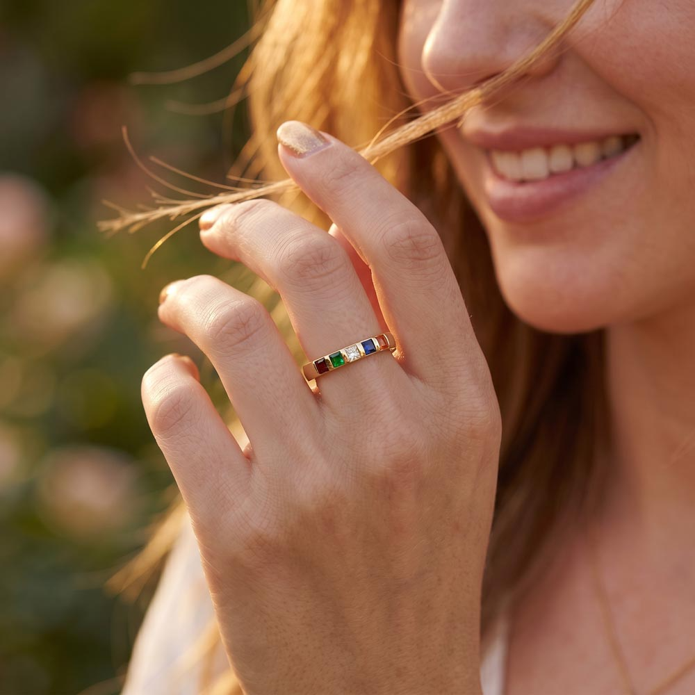 Slim 18k gold finish stackable family birthstone ring