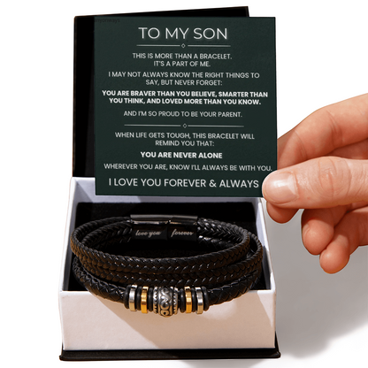 To My Son braided leather bracelet with Never Alone message card