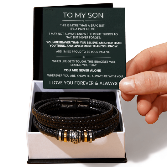 To My Son braided leather bracelet with Never Alone message card