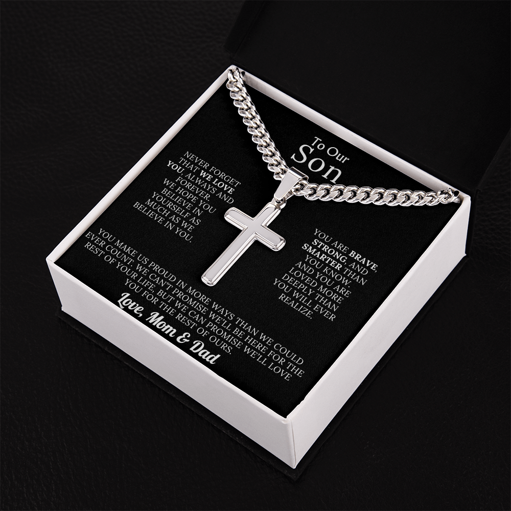 To Our Son – Love Mom & Dad – Artisan Cross on Cuban Link Chain – Gift Set