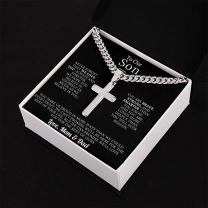 To Our Son – Love Mom & Dad – Artisan Cross on Cuban Link Chain – Gift Set