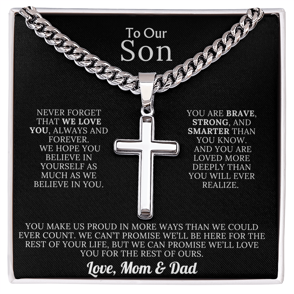 To Our Son – Love Mom & Dad – Artisan Cross on Cuban Link Chain – Gift Set