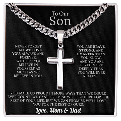 To Our Son – Love Mom & Dad – Artisan Cross on Cuban Link Chain – Gift Set