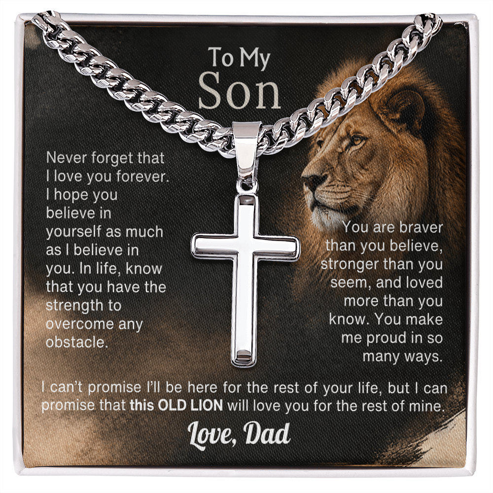 Old Lion cross necklace for son on Cuban link chain, view 2