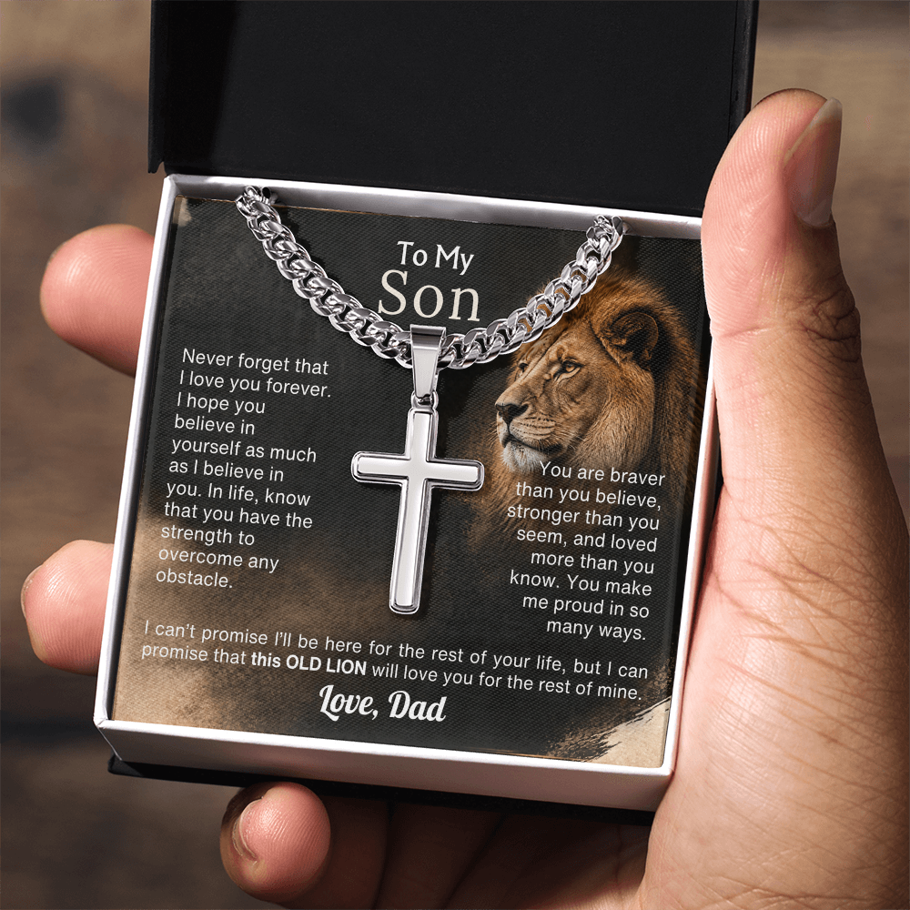Old Lion cross necklace for son on Cuban link chain, view 8