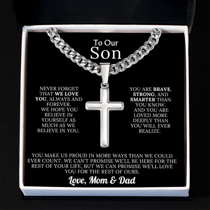 To Our Son – Love Mom & Dad – Artisan Cross on Cuban Link Chain – Gift Set