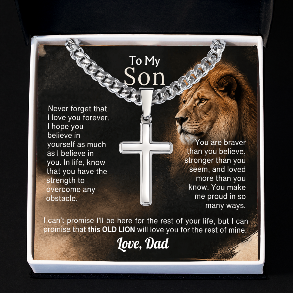 Old Lion cross necklace for son on Cuban link chain, view 7