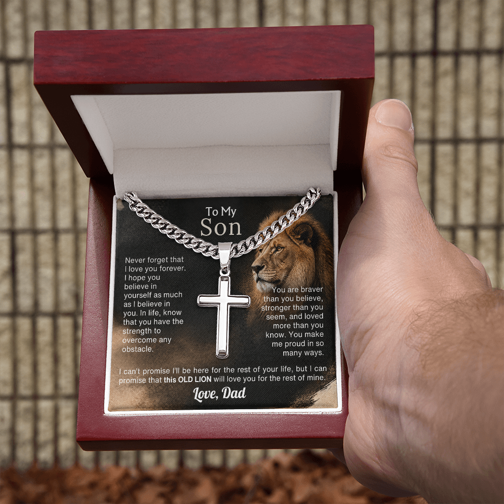 Old Lion cross necklace for son on Cuban link chain, view 19