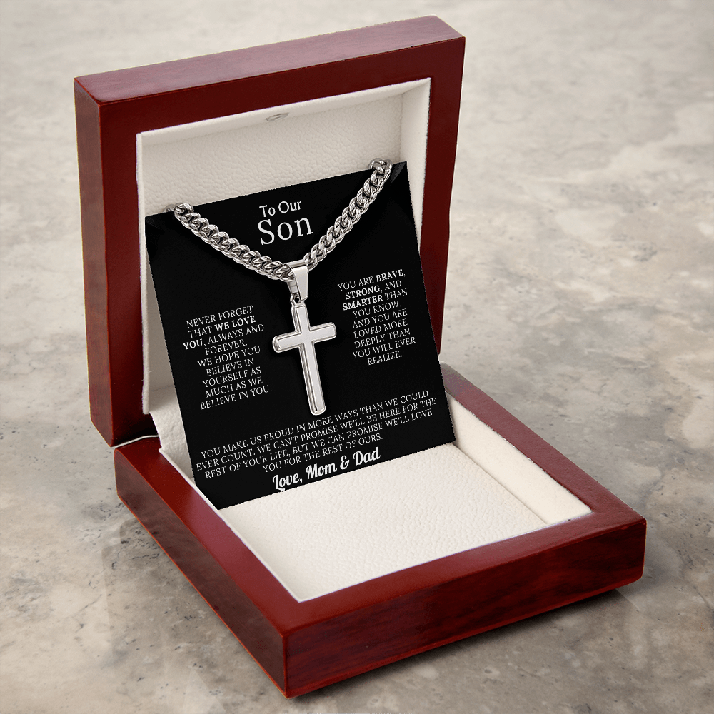 To Our Son – Love Mom & Dad – Artisan Cross on Cuban Link Chain – Gift Set