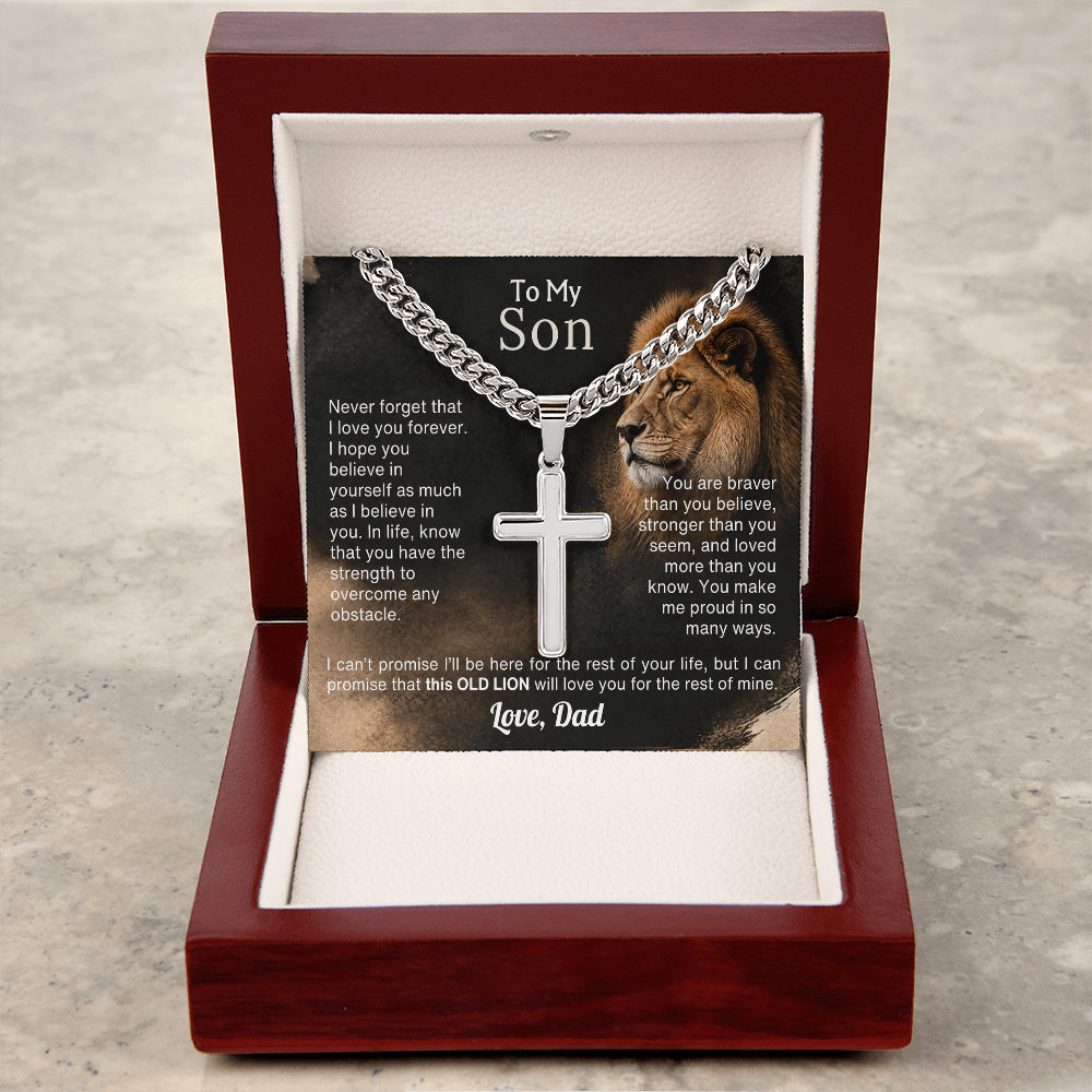 Old Lion cross necklace for son on Cuban link chain, view 4