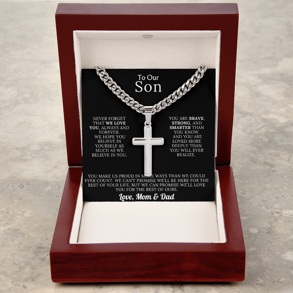 To Our Son – Love Mom & Dad – Artisan Cross on Cuban Link Chain – Gift Set