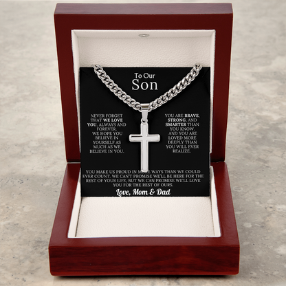 To Our Son – Love Mom & Dad – Artisan Cross on Cuban Link Chain – Gift Set