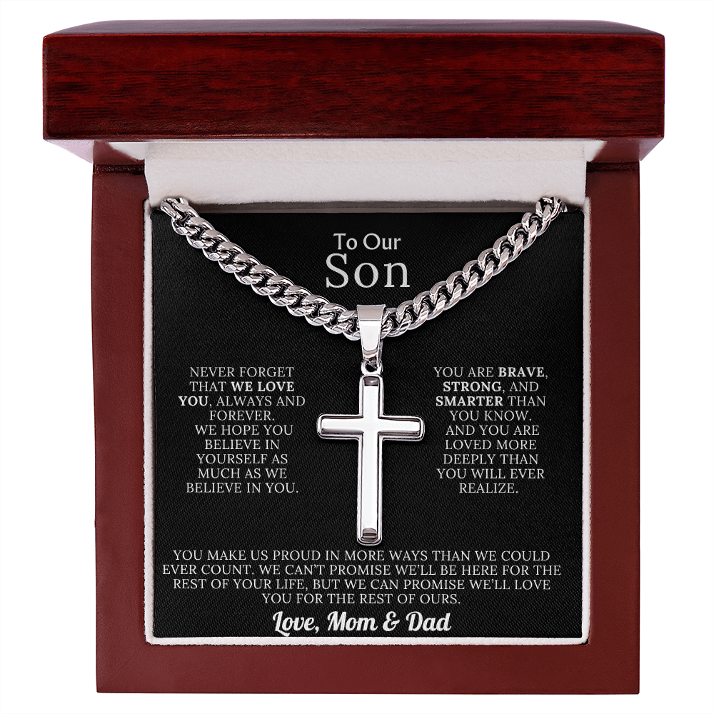 To Our Son – Love Mom & Dad – Artisan Cross on Cuban Link Chain – Gift Set