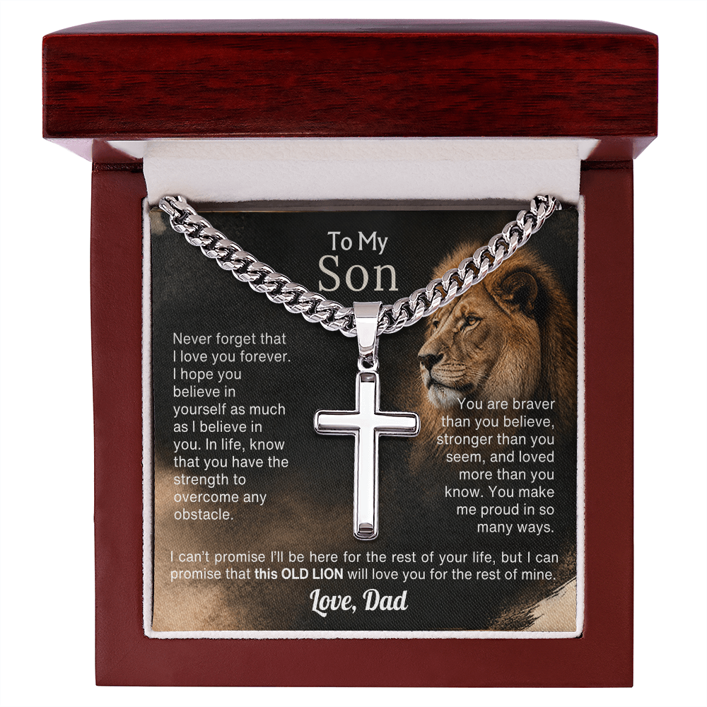 Old Lion cross necklace for son on Cuban link chain, view 3