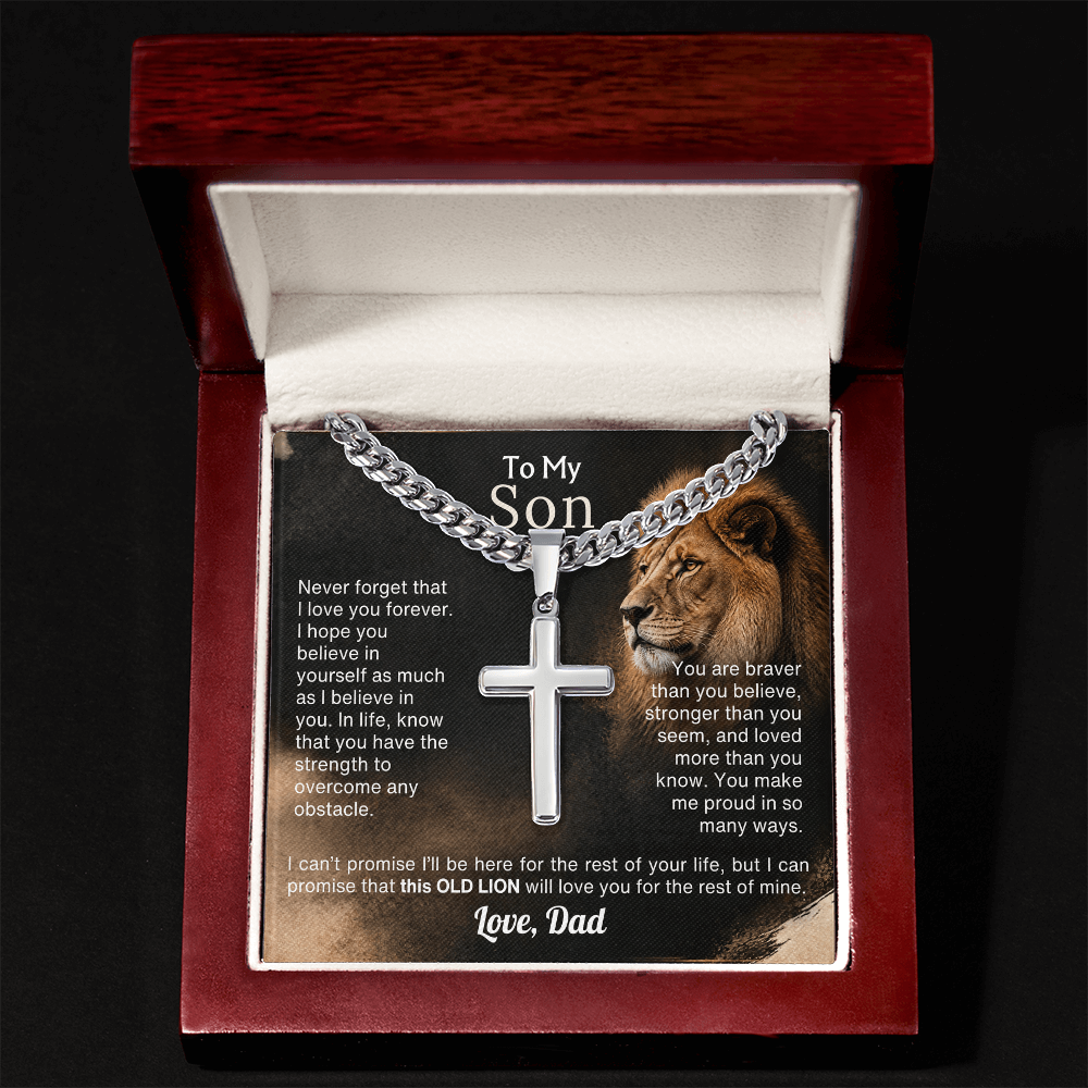 Old Lion cross necklace for son on Cuban link chain, view 14