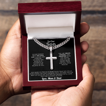 To Our Son – Love Mom & Dad – Artisan Cross on Cuban Link Chain – Gift Set