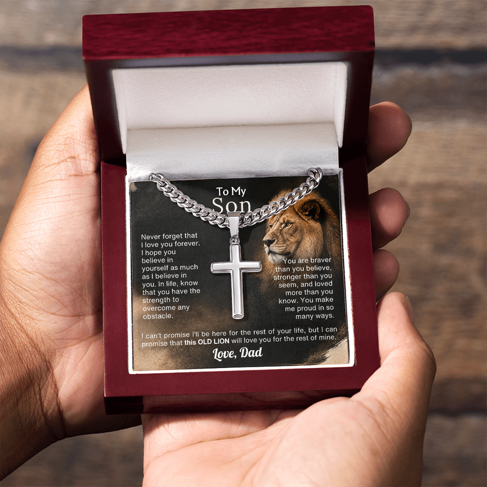 Old Lion cross necklace for son on Cuban link chain, view 10