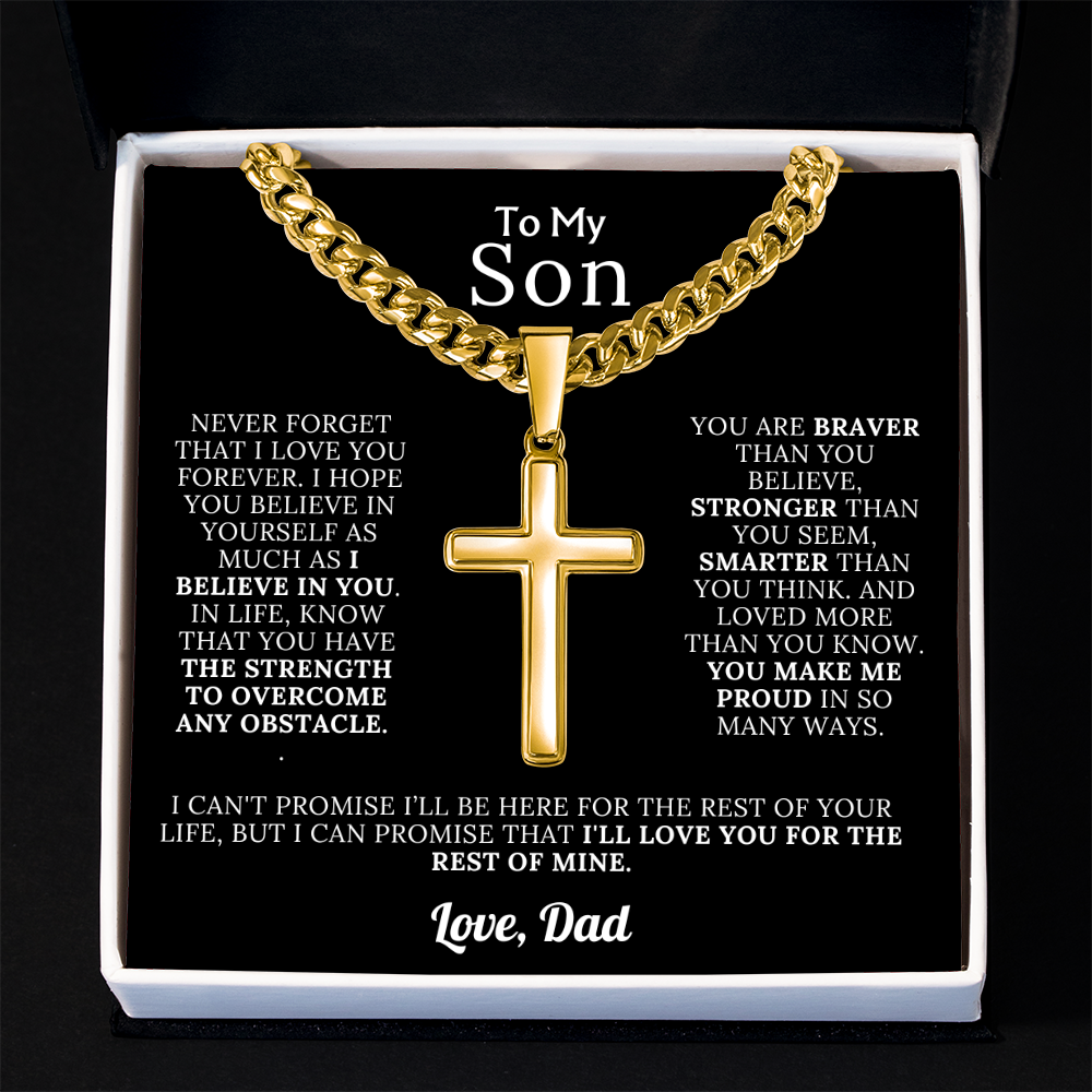 To My Son – Love Dad – Artisan Cross on Cuban Link Chain – Gift Set