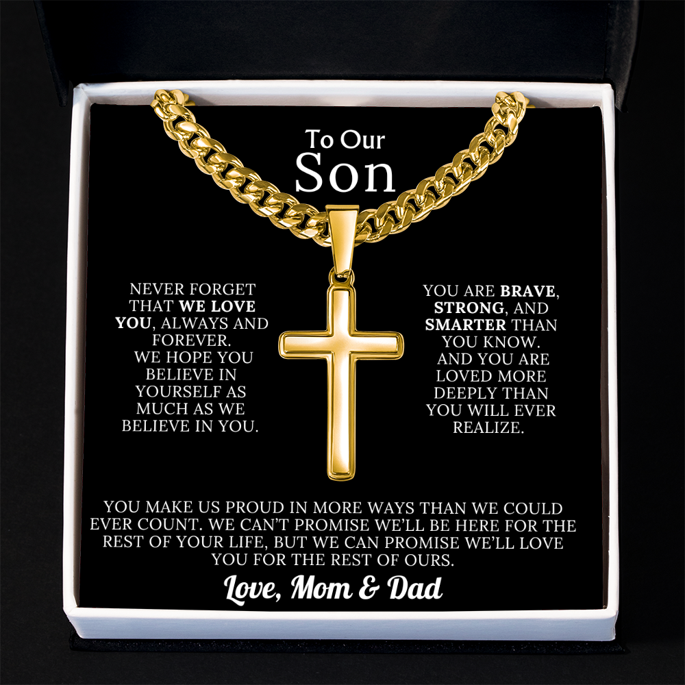 To Our Son – Love Mom & Dad – Artisan Cross on Cuban Link Chain – Gift Set