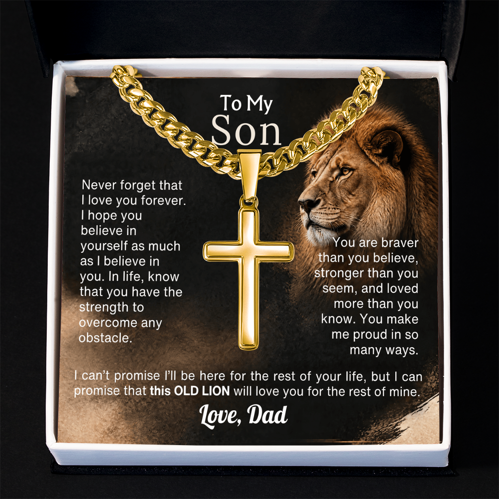 Old Lion cross necklace for son on Cuban link chain, view 13