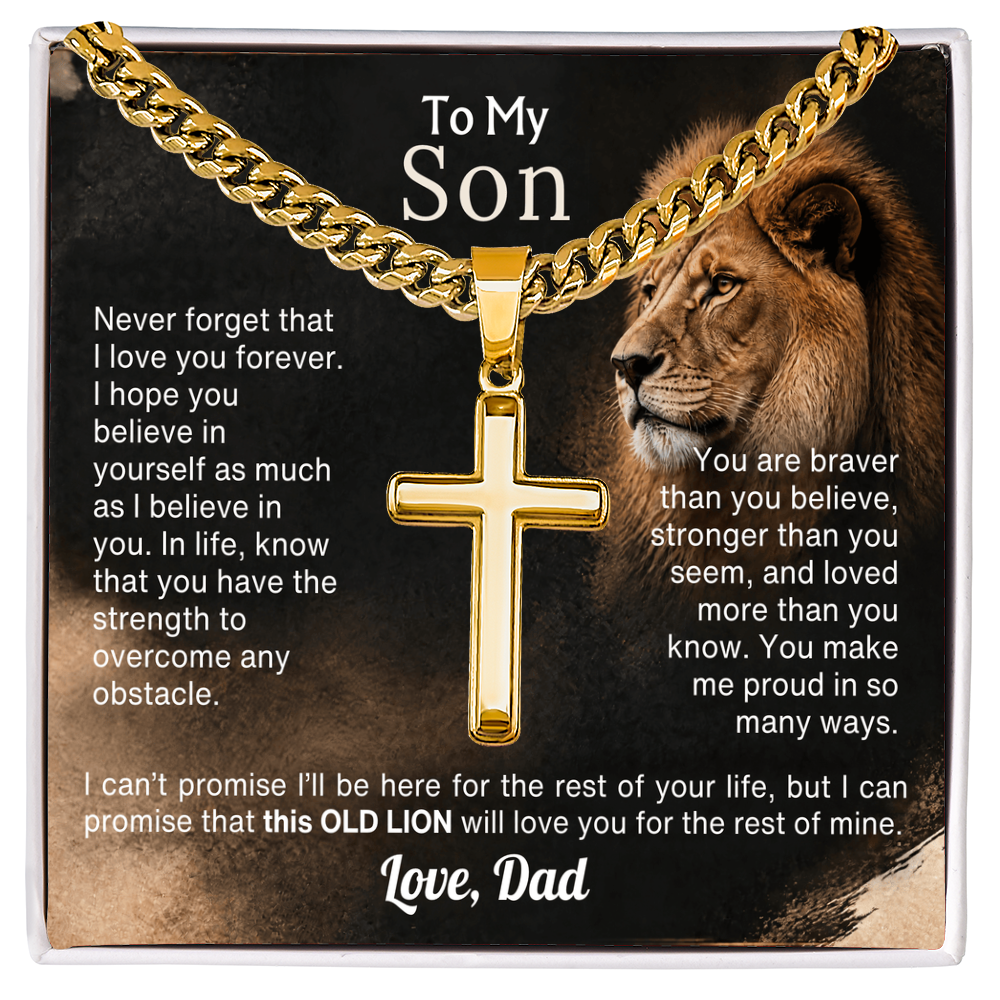 Old Lion cross necklace for son on Cuban link chain, view 5
