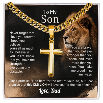 Old Lion cross necklace for son on Cuban link chain, view 5