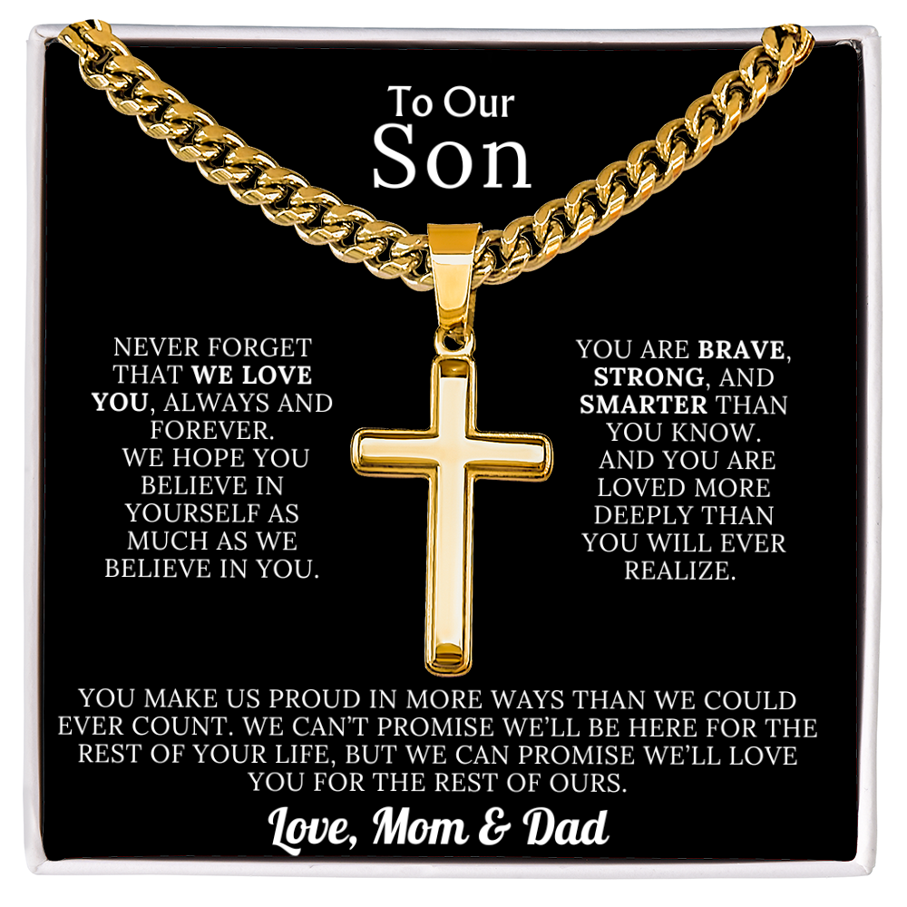 To Our Son – Love Mom & Dad – Artisan Cross on Cuban Link Chain – Gift Set