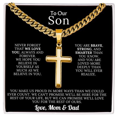 To Our Son – Love Mom & Dad – Artisan Cross on Cuban Link Chain – Gift Set