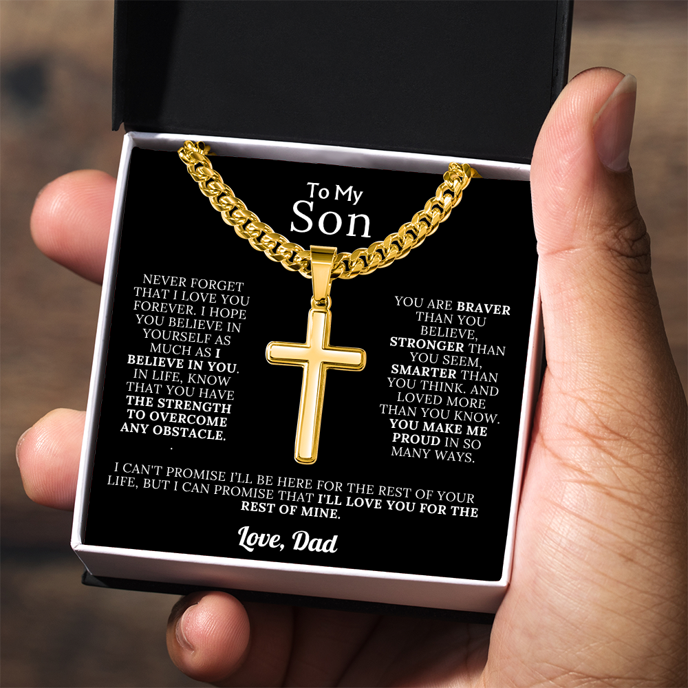 To My Son – Love Dad – Artisan Cross on Cuban Link Chain – Gift Set