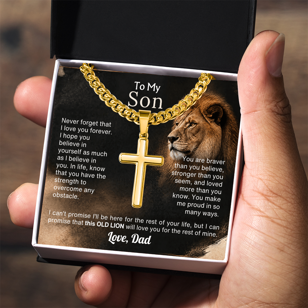 Old Lion cross necklace for son on Cuban link chain, view 15