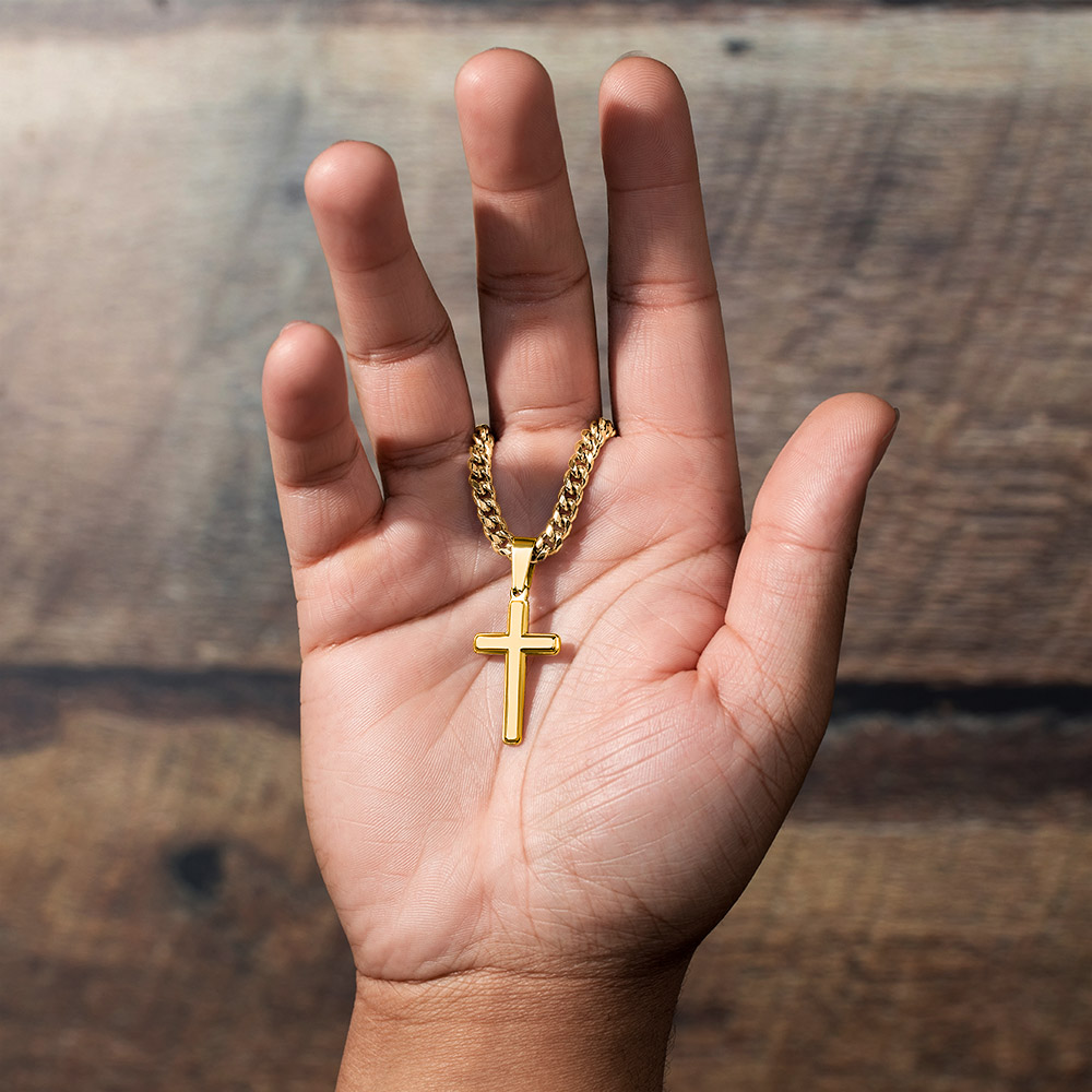 To Our Son – Love Mom & Dad – Artisan Cross on Cuban Link Chain – Gift Set