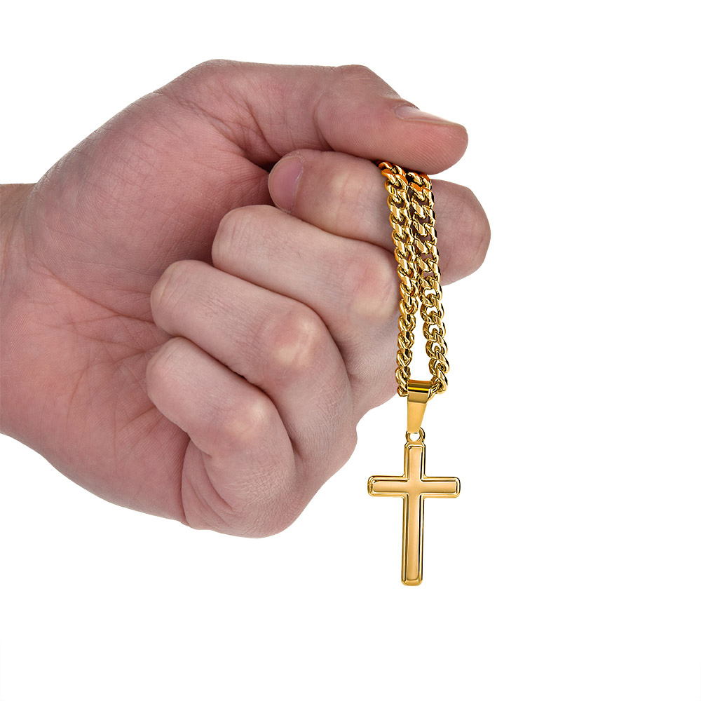 Old Lion cross necklace for son on Cuban link chain, view 17