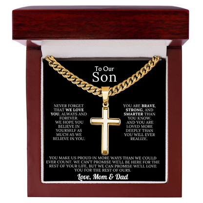 To Our Son – Love Mom & Dad – Artisan Cross on Cuban Link Chain – Gift Set
