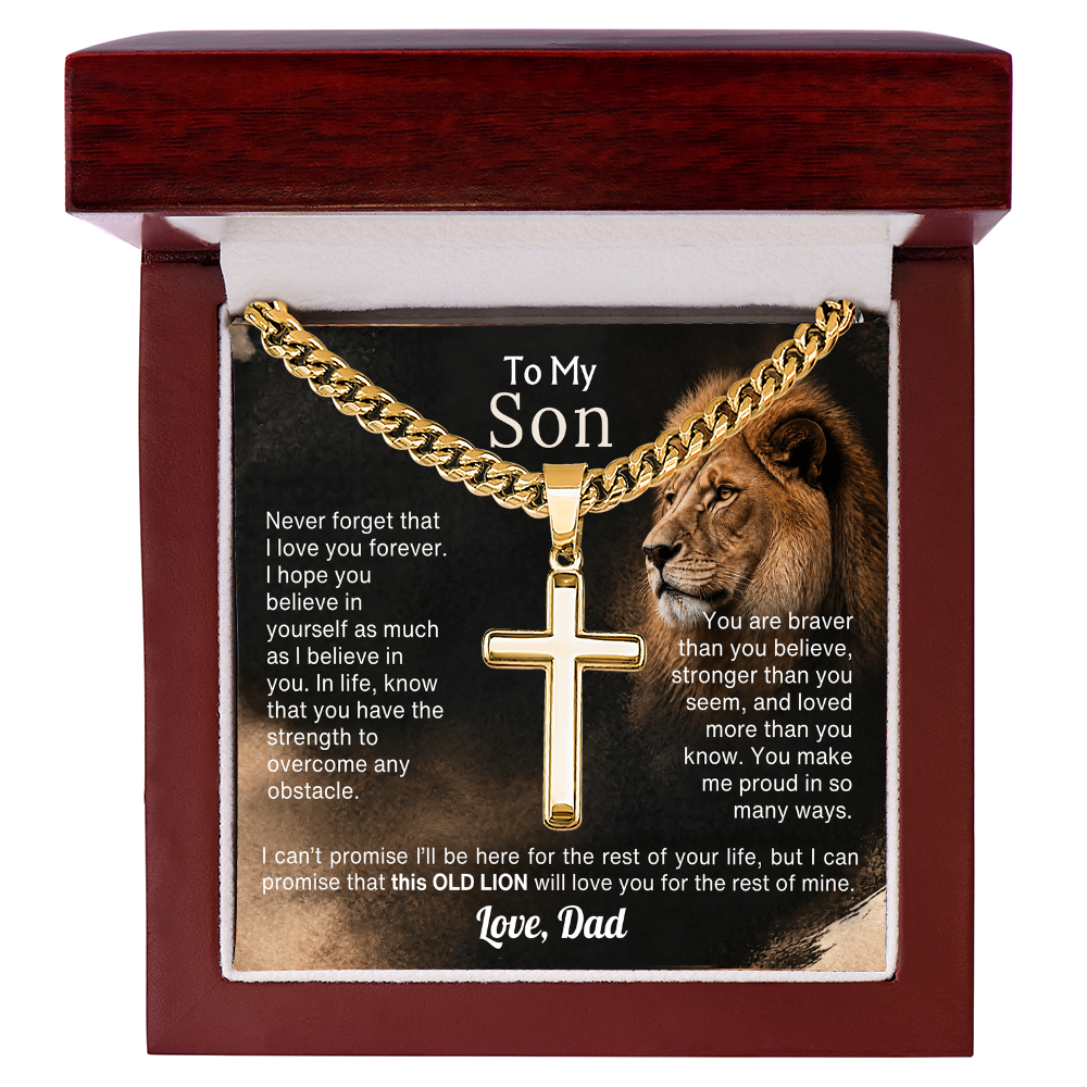 To My Son cross necklace from Dad with Old Lion message card