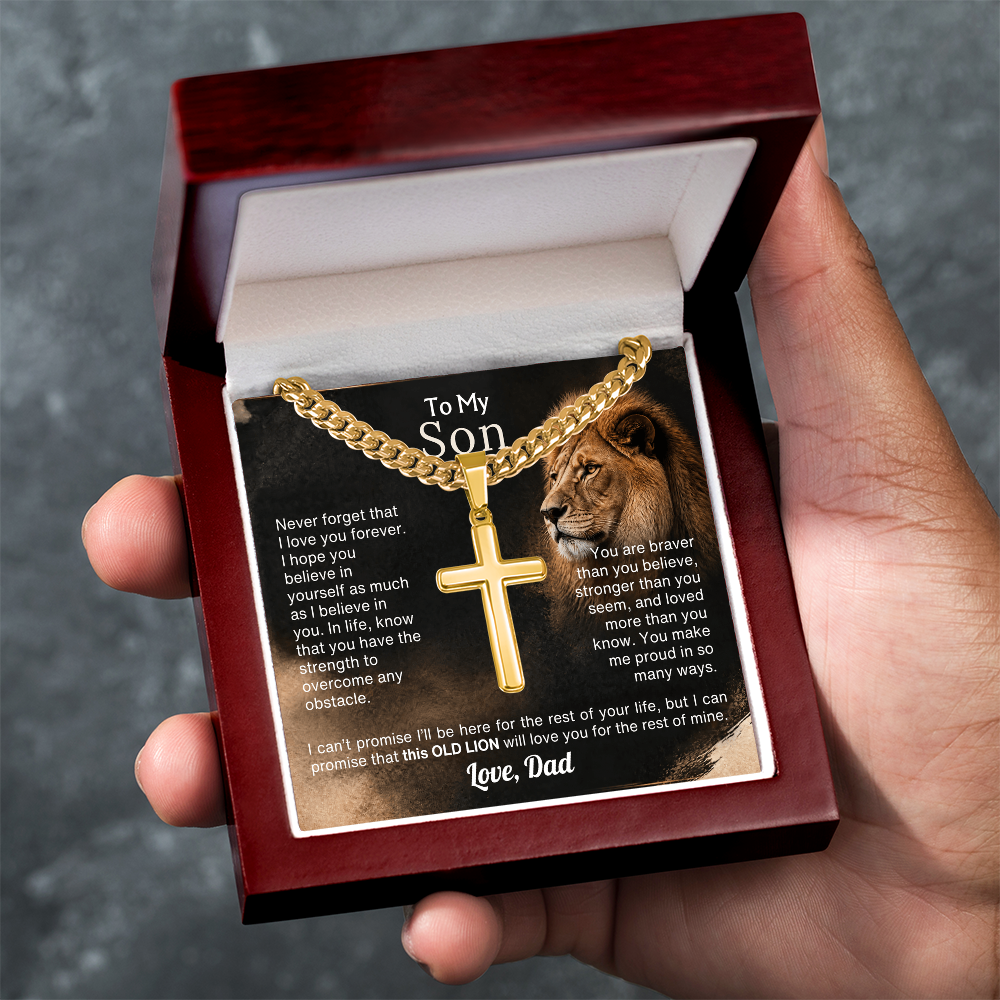 Old Lion cross necklace for son on Cuban link chain, view 22