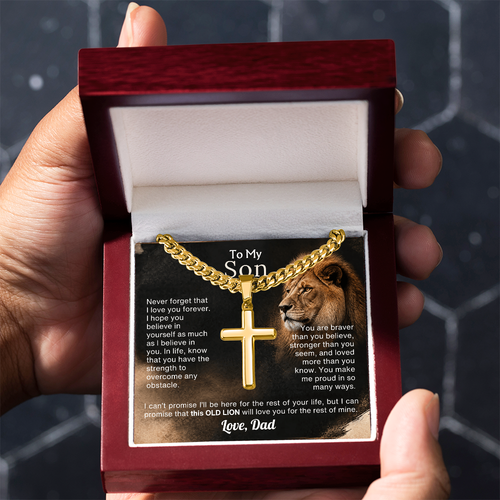 Old Lion cross necklace for son on Cuban link chain, view 20