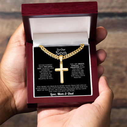 To Our Son – Love Mom & Dad – Artisan Cross on Cuban Link Chain – Gift Set