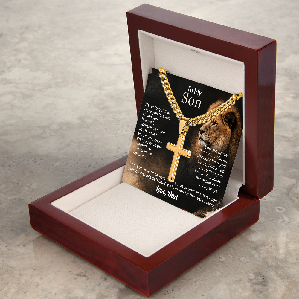 Old Lion cross necklace for son on Cuban link chain, view 21