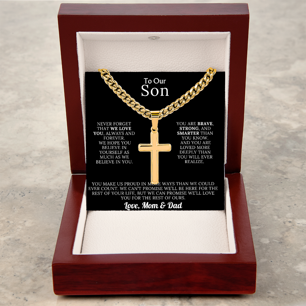 To Our Son – Love Mom & Dad – Artisan Cross on Cuban Link Chain – Gift Set