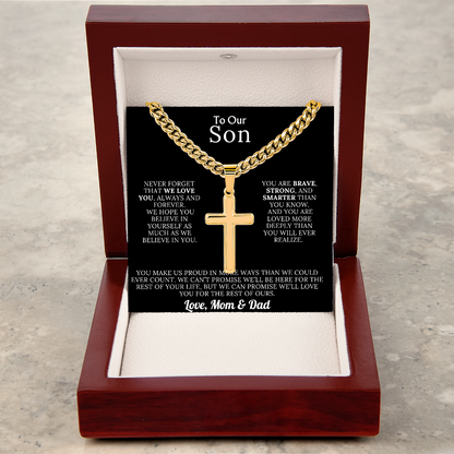 To Our Son – Love Mom & Dad – Artisan Cross on Cuban Link Chain – Gift Set
