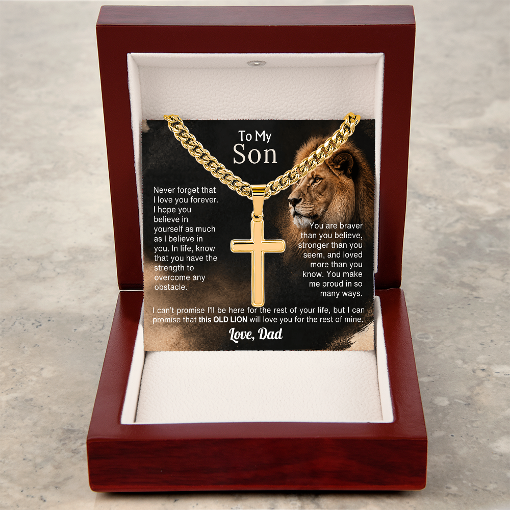 Old Lion cross necklace for son on Cuban link chain, view 6