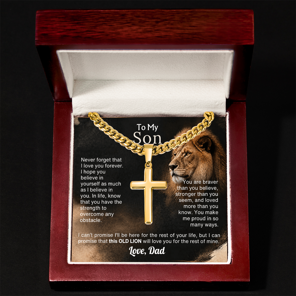 Old Lion cross necklace for son on Cuban link chain, view 12