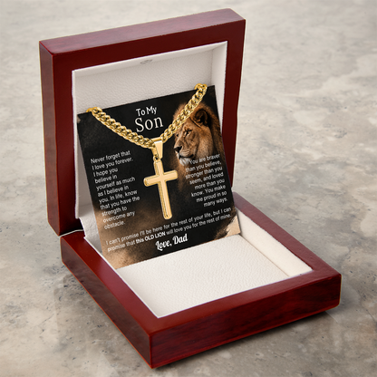 Old Lion cross necklace for son on Cuban link chain, view 11