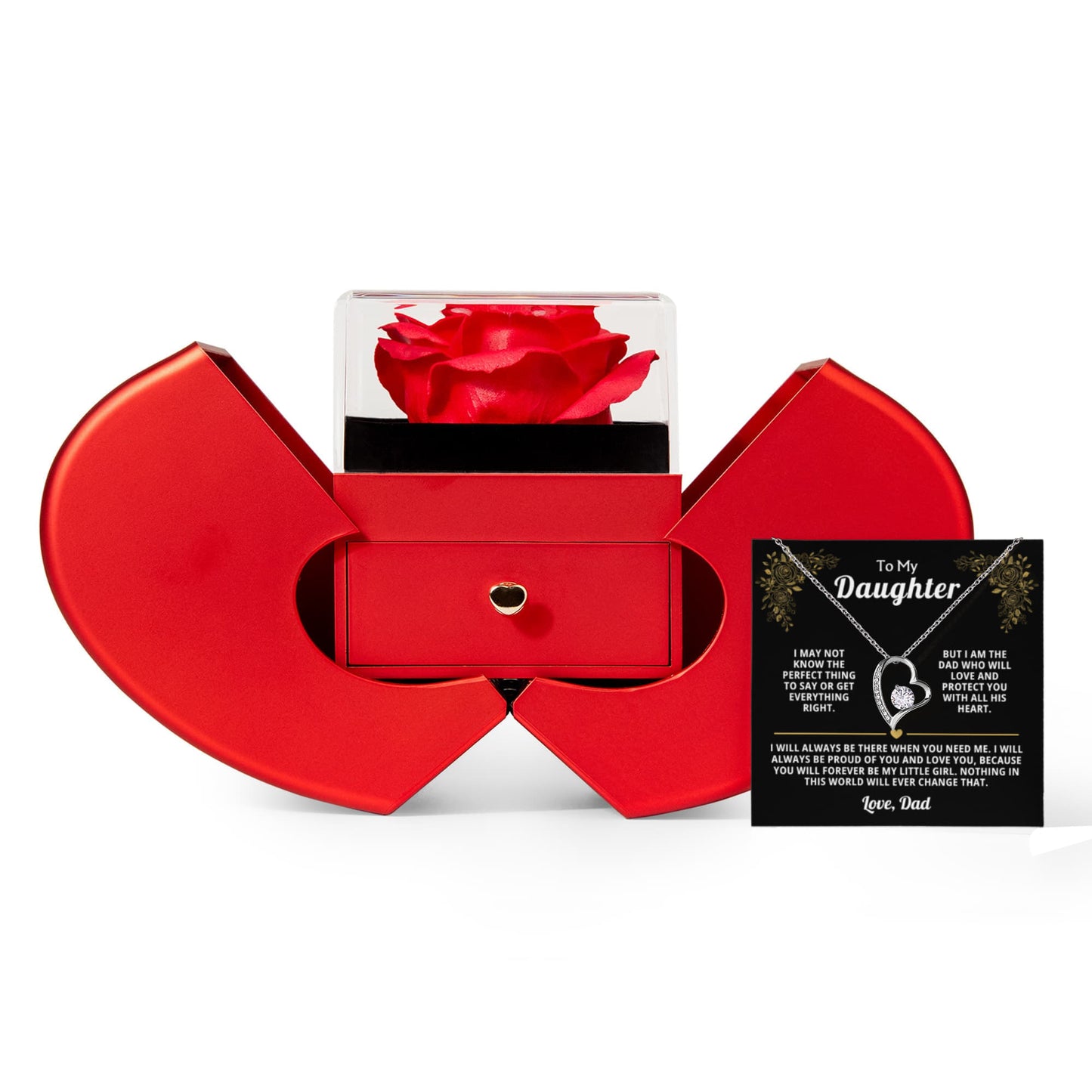 Beautiful Gift for Daughter: "I Will Always Be There" Gift Set With Heart Box and Red Rose Surprise