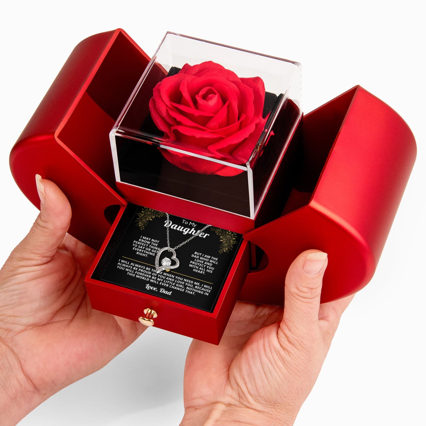 Beautiful Gift for Daughter: "I Will Always Be There" Gift Set With Heart Box and Red Rose Surprise