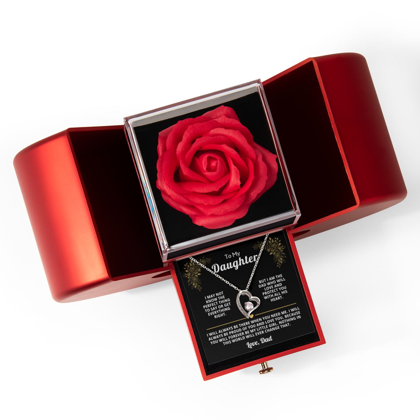 Beautiful Gift for Daughter: "I Will Always Be There" Gift Set With Heart Box and Red Rose Surprise